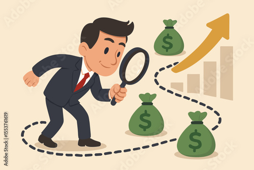 Cartoon businessman analyzing money trail with magnifying glass, searching for financial growth, investment opportunities, profit path, business success, revenue increase, upward arrow chart