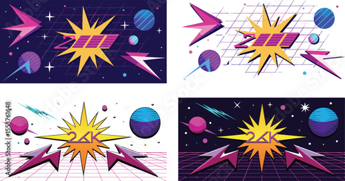 Vector art of retro styled 80s and 90s inspired geometric starburst patterns with neon colors create a vibrant background