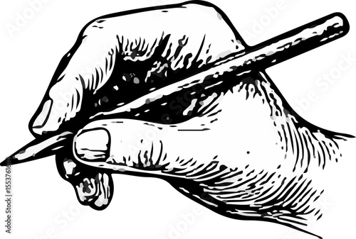 Realistic black-and-white illustration of a human hand gripping a pencil in writing position, detailed with fine linework and shading—ideal for drawing references or educational purposes
