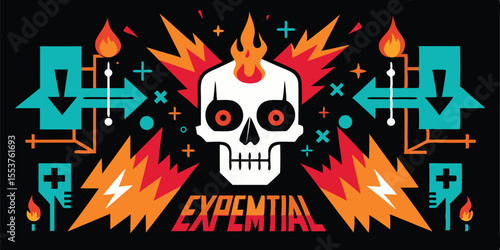 Vector art of a fiery skull explodes amidst a chaotic arrangement of arrows, plus signs, and electricity, creating a dynamic and vibrant vector graphic