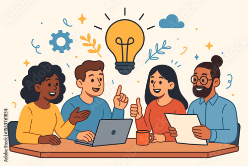 Diverse Team Collaboration Brainstorming Innovative Ideas. Creative Group Discussion, Problem Solving, Sharing Solutions, Teamwork, Office Meeting, Modern Business Concept Vector Illustration