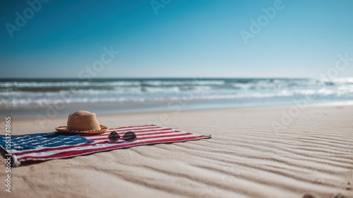 Serene beach scene: American flag beach towel, straw hat, sunglasses, ocean view.