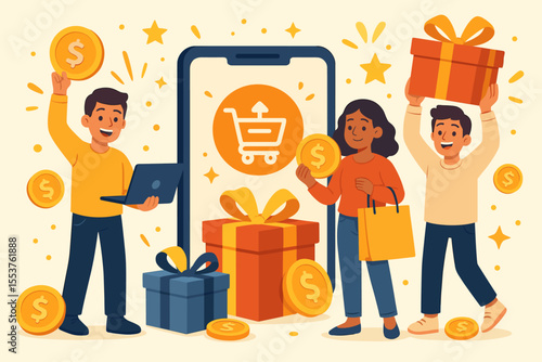 Online Shopping Rewards and Cashback Loyalty Program Vector. Happy Customers Receiving Gifts, Earning Money, Collecting Coins, Holding Presents and Shopping Bags. Digital Retail Incentives Concept