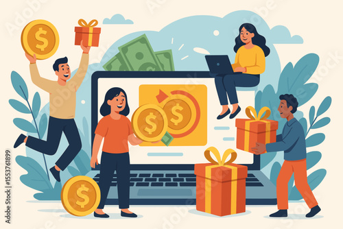 Happy customers receiving cashback rewards, gift boxes, and loyalty bonuses from online shopping platform. E-commerce incentive program, digital money savings, festive celebration. Vector illustration