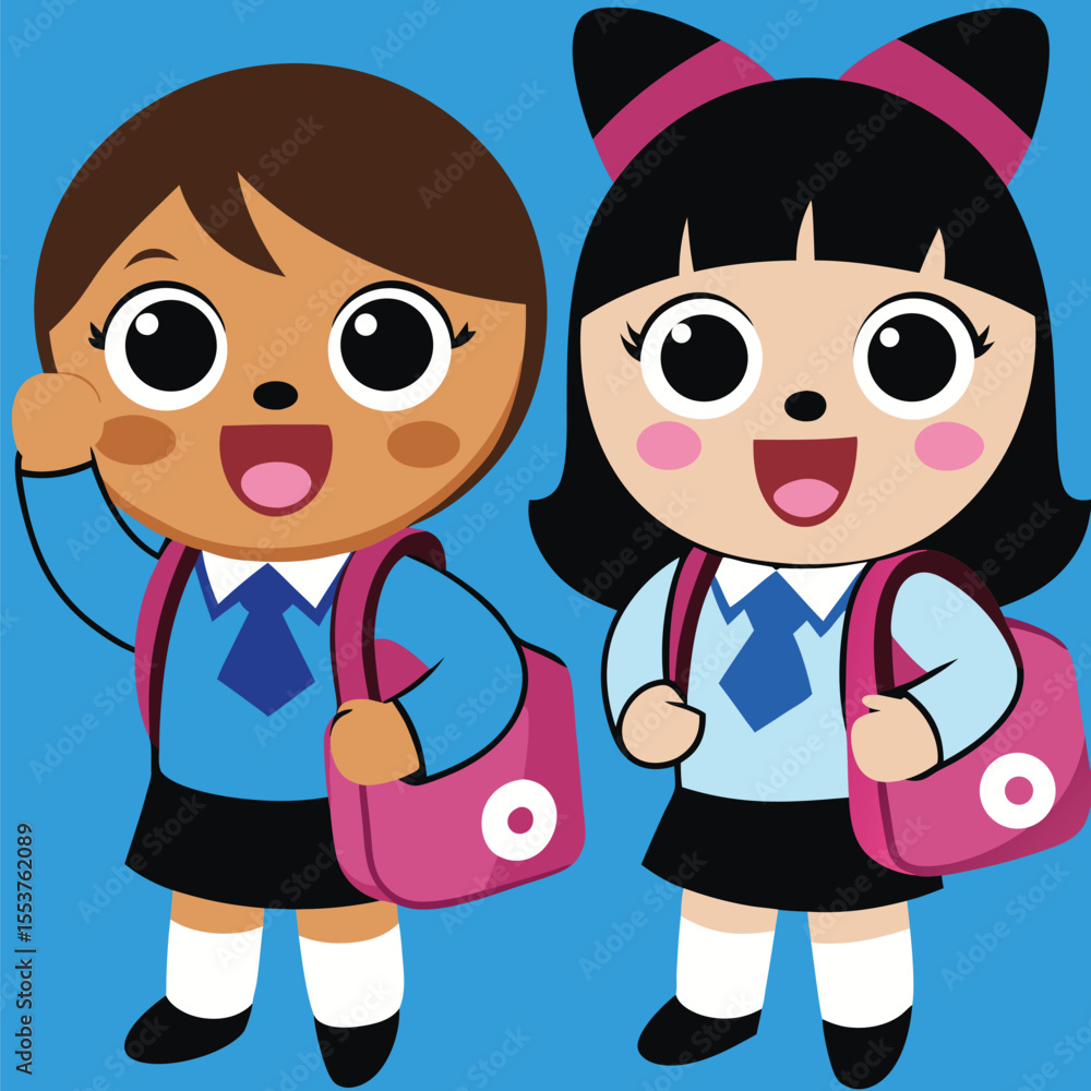 Happy diverse cartoon girls in school uniforms carry pink backpacks against blue background Happy diverse cartoon girls in school uniforms carry pink backpacks against blue background