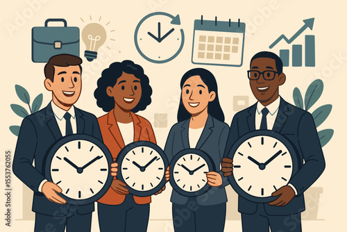 Business professionals teamwork time management concept. Office workers holding clocks. Productivity, planning, efficiency, deadline, schedule, organization, growth. Vector cartoon illustration.