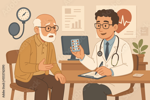 Senior patient consulting cardiologist in medical office, discussing hypertension treatment and prescription medication. Doctor explaining pills, healthcare checkup, elderly care vector illustration