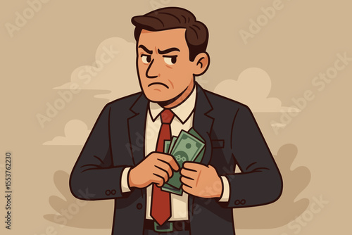 Businessman Hiding Cash Under Suit Illustrating Financial Fraud, Corporate Corruption, Money Laundering, Bribery, Unethical Business Practices, Vector Cartoon Concept, Economic Crime Illustration