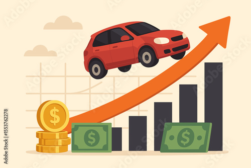 Rising Car Prices Market Trend. Financial Growth Concept with Vehicle on Upward Arrow Graph, Dollar Coins, Cash, Bar Chart. Automobile Value Increase, Investment, Economy, Inflation Illustration