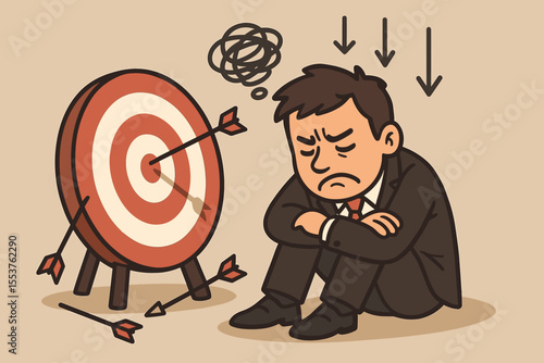 Businessman Frustration Missing Target Failure Disappointment Concept. Cartoon Vector Illustration. Stress Anxiety Arrow Misses Goal. Unsuccessful Attempt Challenge Career Problem Workplace Pressure