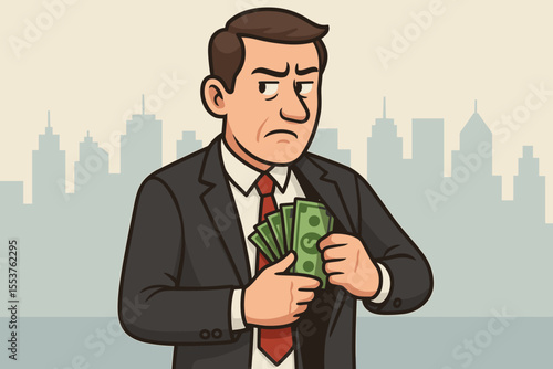 Businessman Hiding Cash in Suit Pocket. Concept of Financial Fraud, Corporate Corruption, Bribery, Money Laundering, Unethical Business Practices, Economic Crime. Vector Illustration City Background