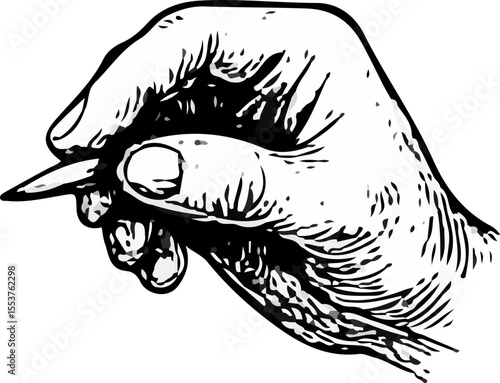 Realistic black-and-white illustration of a human hand gripping a pencil in writing position, detailed with fine linework and shading—ideal for drawing references or educational purposes