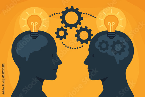Human Minds Interconnected with Gears and Glowing Light Bulbs Symbolizing Knowledge Sharing, Collaboration, Innovation, Communication, and Creative Thinking Vector Illustration