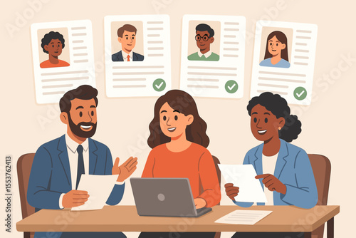 Human Resources Team Reviewing Resumes and Job Applications, Recruitment Process, Diverse HR Professionals Selecting Best Candidate, Hiring Interview, Office Collaboration, Vector Illustration