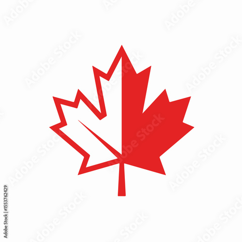 Red and white maple leaf graphic design. Canada Day symbol half red half white. This iconic maple leaf is perfect for Canada Day celebrations, greeting cards, and patriotic designs.