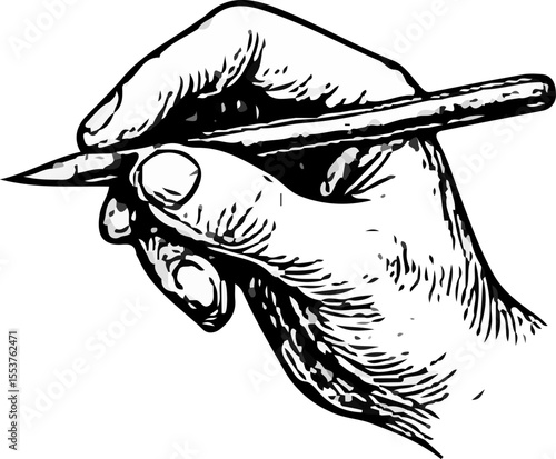 Realistic black-and-white illustration of a human hand gripping a pencil in writing position, detailed with fine linework and shading—ideal for drawing references or educational purposes