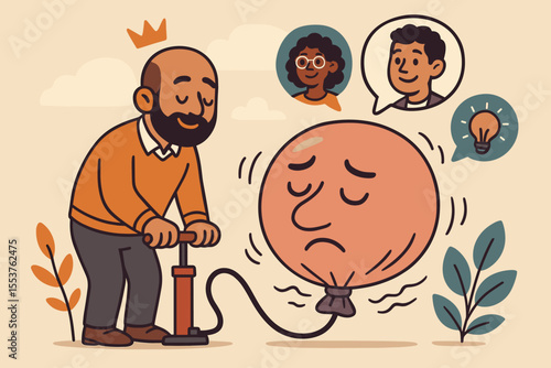 Humble leader deflating ego, embracing constructive feedback and diverse perspectives for personal and professional growth, teamwork, emotional intelligence, vector cartoon illustration