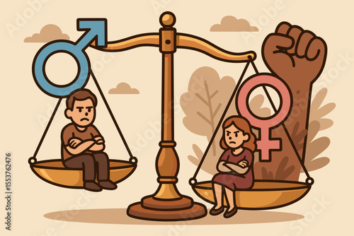 Gender inequality metaphor, imbalanced scales with male and female symbols, feminist power fist, social justice, sexism, discrimination, equal rights, cartoon vector illustration, concept art