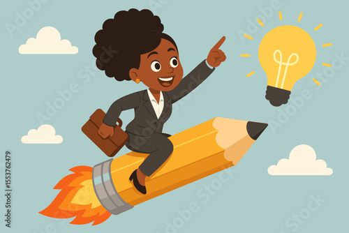 Ambitious African American Businesswoman Riding Rocket Pencil Toward Bright Idea Lightbulb, Creativity Innovation Success Concept, Leadership Motivation, Career Growth, Vector Cartoon Illustration