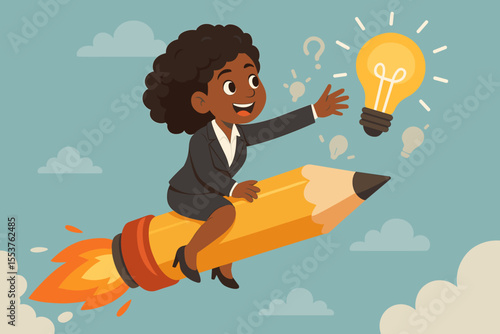 Ambitious African American businesswoman riding rocket pencil reaching for lightbulb idea. Creativity, innovation, leadership, business growth, vision, success. Vector cartoon illustration concept.