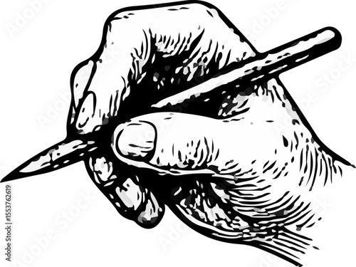 Realistic black-and-white illustration of a human hand gripping a pencil in writing position, detailed with fine linework and shading—ideal for drawing references or educational purposes