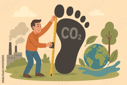 Man Measuring Large Carbon Footprint with Tape Measure, Assessing CO2 Emissions Impact on Earth, Industrial Pollution, Environmental Conservation, Climate Change, Vector Illustration