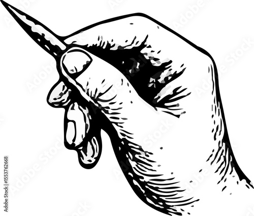 Realistic black-and-white illustration of a human hand gripping a pencil in writing position, detailed with fine linework and shading—ideal for drawing references or educational purposes