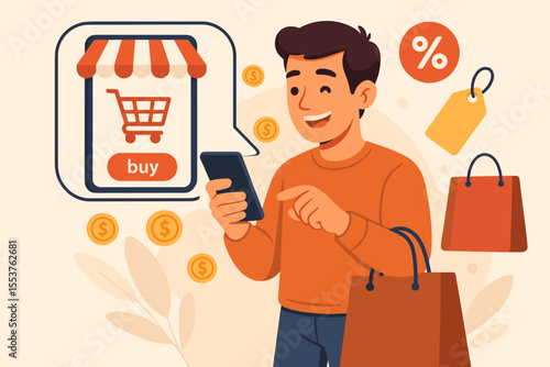 Man shopping online with smartphone, holding shopping bags, receiving discounts, making purchases, mobile commerce, e-commerce, digital retail, sale offer, vector illustration, modern consumer