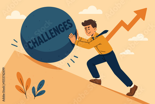 Overcoming Challenges to Achieve Success, Businessman Pushing Boulder Uphill, Motivation, Goal Achievement, Progress Arrow, Personal Growth, Business Performance, Vector Illustration