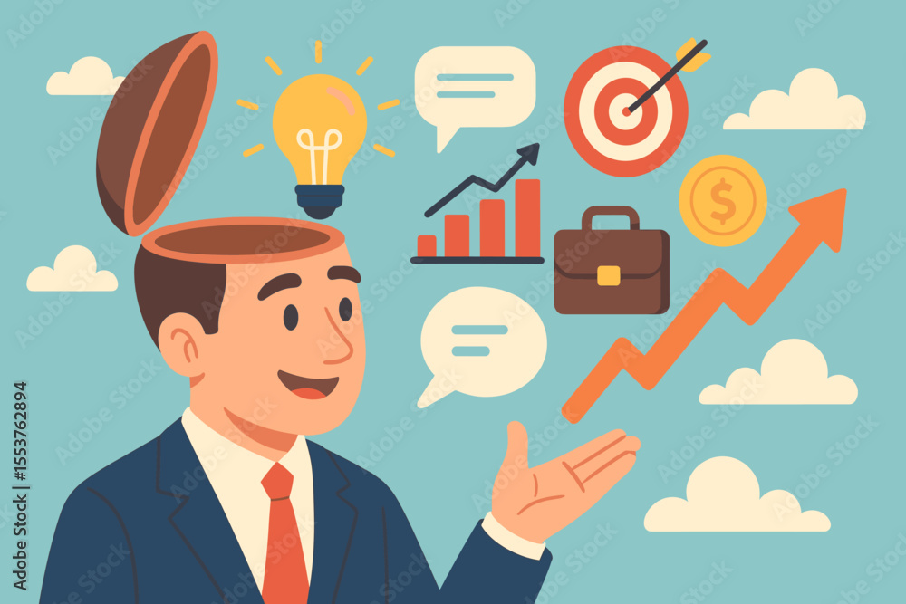 Businessman Open Mind Creativity Innovation Career Growth Success. Brainstorming Ideas, Communication, Target Achievement, Financial Progress, Motivation. Vector Illustration Concept Businessman Open Mind Creativity Innovation Career Growth Success. Brainstorming Ideas, Communication, Target Achievement, Financial Progress, Motivation. Vector Illustration Concept