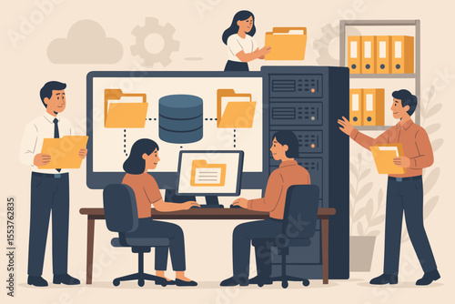 Office team managing digital database and file archive on computer server. Data management, teamwork, document organization, cloud storage, business workflow, IT support, office collaboration concept