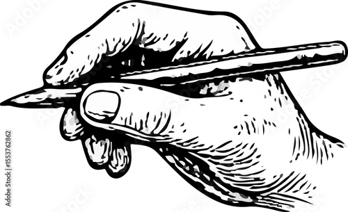 Realistic black-and-white illustration of a human hand gripping a pencil in writing position, detailed with fine linework and shading—ideal for drawing references or educational purposes