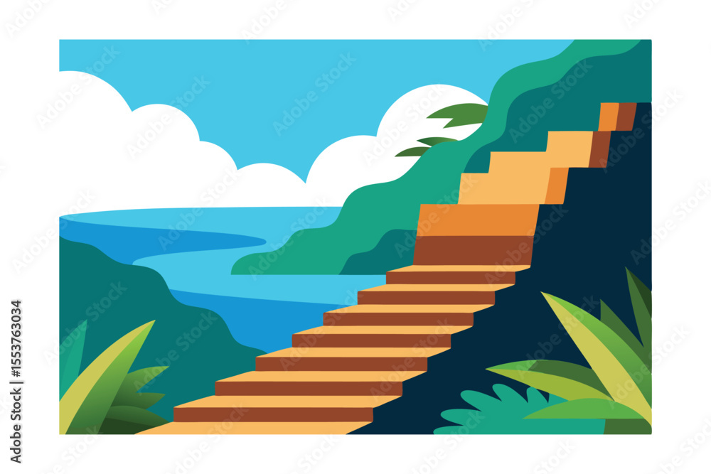 Obraz premium Serene Coastal Staircase A Journey to Tranquility and Scenic Beauty