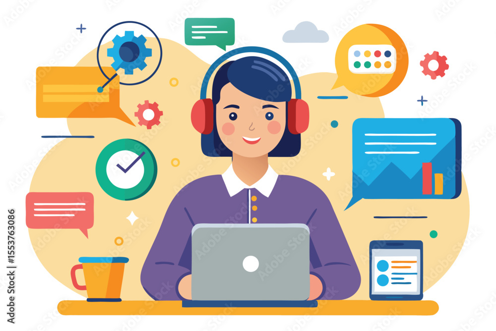 Fototapeta premium Call center operator providing customer support with digital tools in a vibrant workspace, focused on enhancing client interactions and addressing inquiries