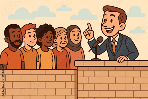 Politician Giving Speech Making Promises to Diverse Multicultural Group Separated by Brick Wall. Political Campaign, Public Speaking, Social Issues, Community Engagement, Vector Cartoon Illustration