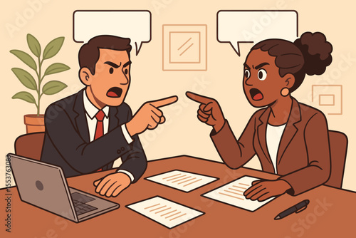 Business colleagues arguing opposing opinions in office meeting, pointing fingers, conflict resolution, negotiation, disagreement, workplace communication, vector cartoon illustration