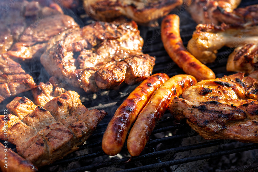 Pork chops, steak, sausages on barbecue grill Pork chops, steak, sausages on barbecue grill