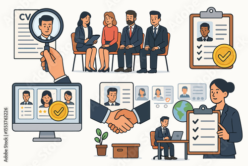 Human Resources Recruitment Process Vector Set. Business Hiring, Job Interview, Candidate Selection, CV Review, Employee Onboarding, HR Management, Career Search, Office Teamwork, Cartoon Illustration