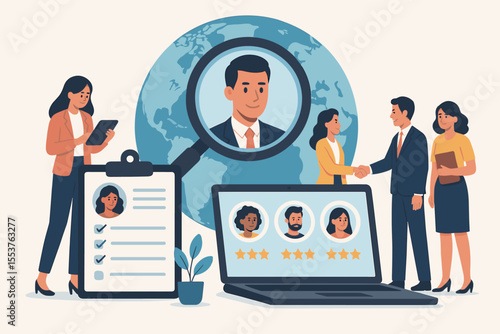 Global recruitment process, international talent search, HR hiring, candidate evaluation, teamwork, employee selection, business interview, human resources, job application, vector illustration