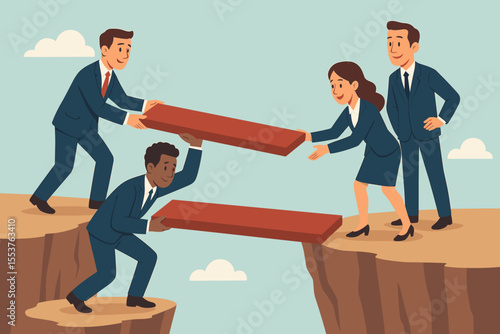 Business teamwork collaboration concept. Diverse business people building bridge over gap. Partnership, support, cooperation, problem solving, overcoming challenges. Vector cartoon illustration.