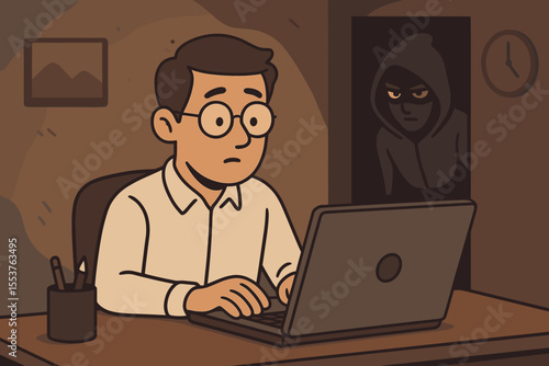 Office worker at desk unknowingly monitored by hooded stalker in doorway, concept of cyber surveillance, online privacy invasion, digital security threat, cartoon vector illustration, night workspace