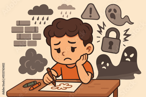 Sad boy struggling with creativity, mental barriers, anxiety, depression, fear, emotional stress, childhood trauma, cartoon vector illustration, rain clouds, locked mind, psychological issues