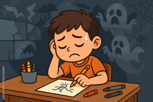 Sad boy struggling with creativity, mental barriers, childhood fears, anxiety, stress, drawing at desk, haunted by ghosts, depression, emotional distress, cartoon vector illustration