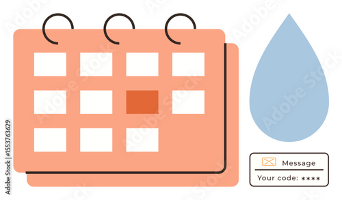 Calendar with highlighted date, blue droplet icon, and secure message box. Ideal for scheduling, reminders, menstruation tracking, time management, water tracking notifications healthcare. Simple