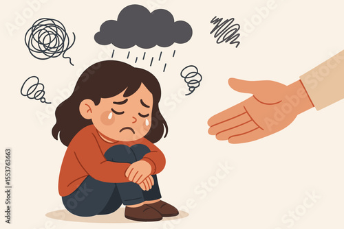 Sad girl sitting alone, depression anxiety concept, mental health support for children, helping hand reaching out, emotional distress, stress, psychological help, vector cartoon illustration