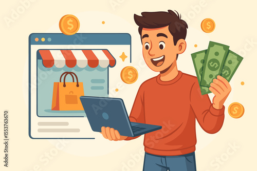 Young man earning cash back rewards from online shopping, holding money and laptop, e-commerce savings, digital purchase benefits, internet store, financial incentive, vector illustration