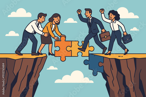 Business collaboration concept. Team of people building a puzzle piece bridge over a gap. Metaphor for teamwork, partnership, support, strategy, overcoming obstacles and success.