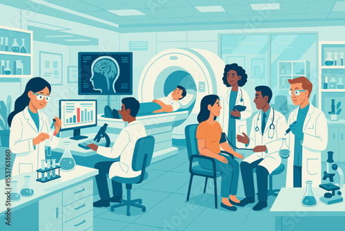 Medical research laboratory with scientists and doctors working. Healthcare team conducts clinical trials, experiments. Patient in MRI scanner, diagnostics, brain scan analysis. Vector.