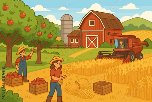 Rural farm life concept. Farmers working during the harvest season. Man picks apples, woman gathers wheat, and combine harvests grain. Cartoon vector illustration with a red barn.