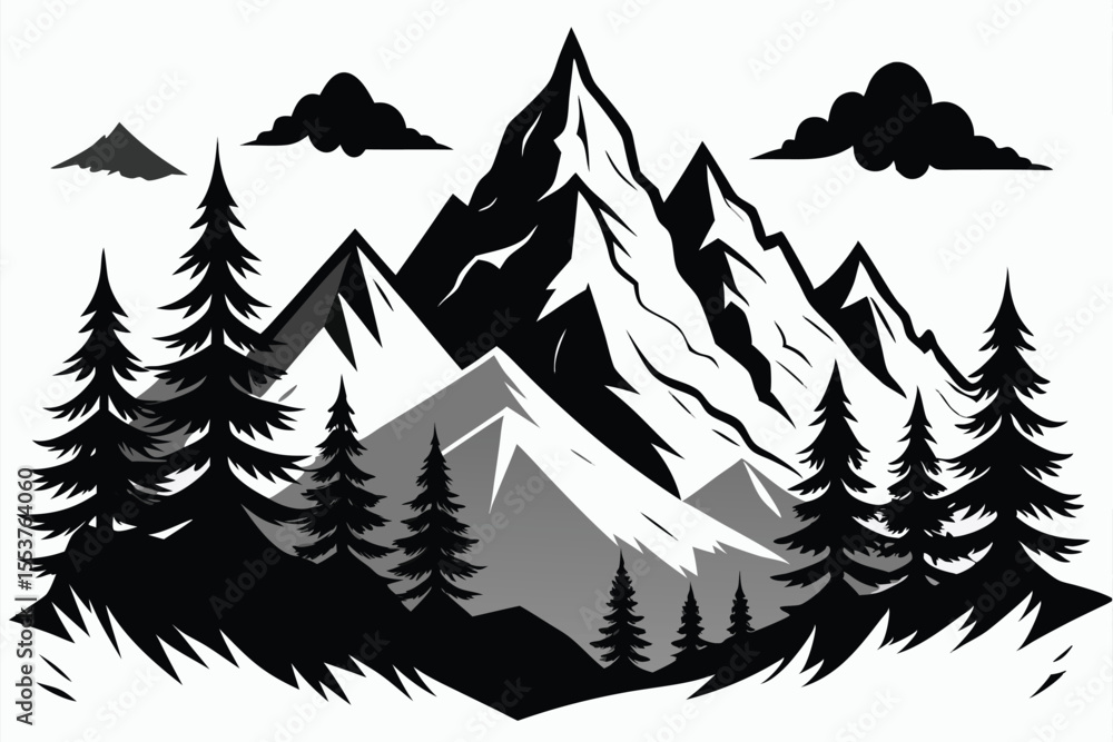 Obraz premium Black and white wall art depicting a majestic mountain range surrounded by dense trees, capturing the serene beauty and raw wilderness of nature